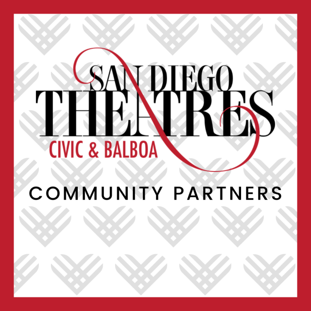 San Diego Theatres Community Partners A graphic that reads "San Diego Theatres Community Partners" with a background of light grey Giving Tuesday hearts