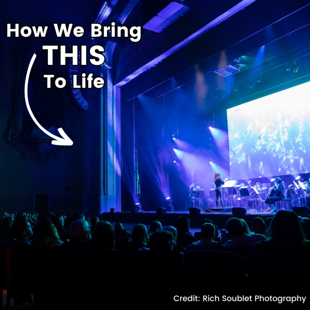 An audience enraptured by an onstage orchestra in a theatre.