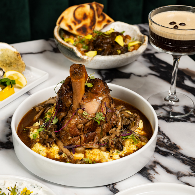 Our braised pork shank, beef cheek with hummus and naan, Night Porter espresso cocktail